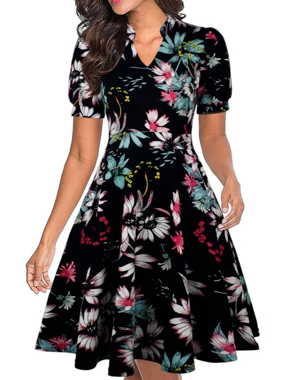 Women's Floral Print Fit & Flare Midi Dress Puff Sleeve with Pockets